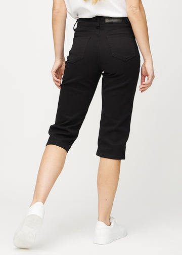 Black regular capris seen from the back, so the entire product can be seen.