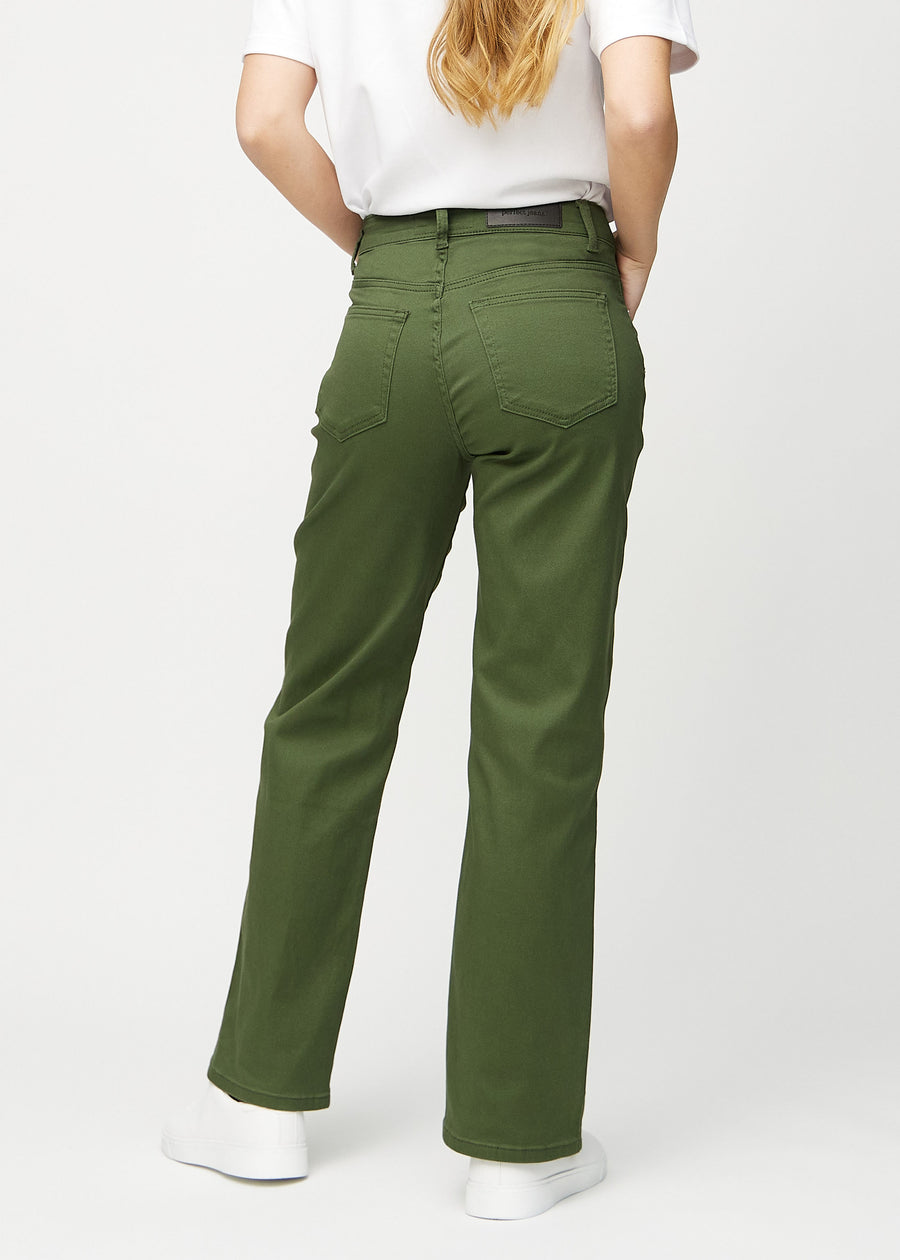 Loose jeans for women in dark green, color Renewals. Back view on a model, showing the overall relaxed fit.