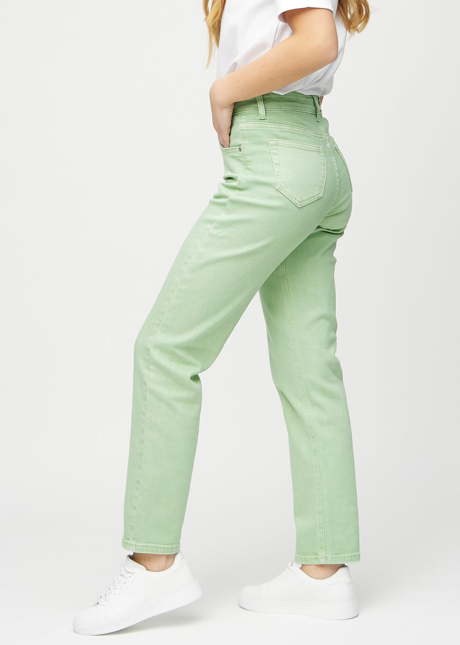 Regular jeans for women in light green, color Mints. Side view on a model.