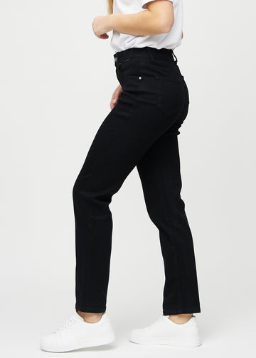 Regular jeans for women in black, color Ravens. Side view on a model.
