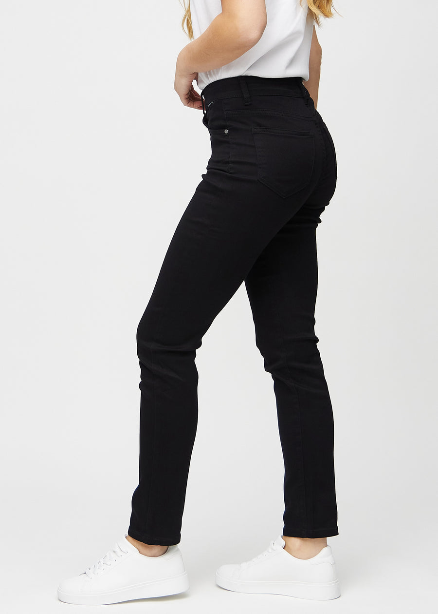 Slim jeans for women in black, color Ravens. Side view on a model.