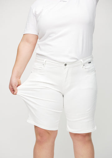 The plus-size model stretches the shorts at the thigh to show the stretch.