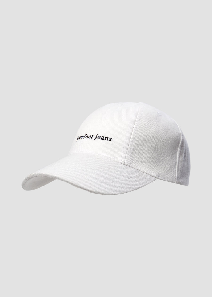 White cap by Perfect Jeans with a black logo, front view.
