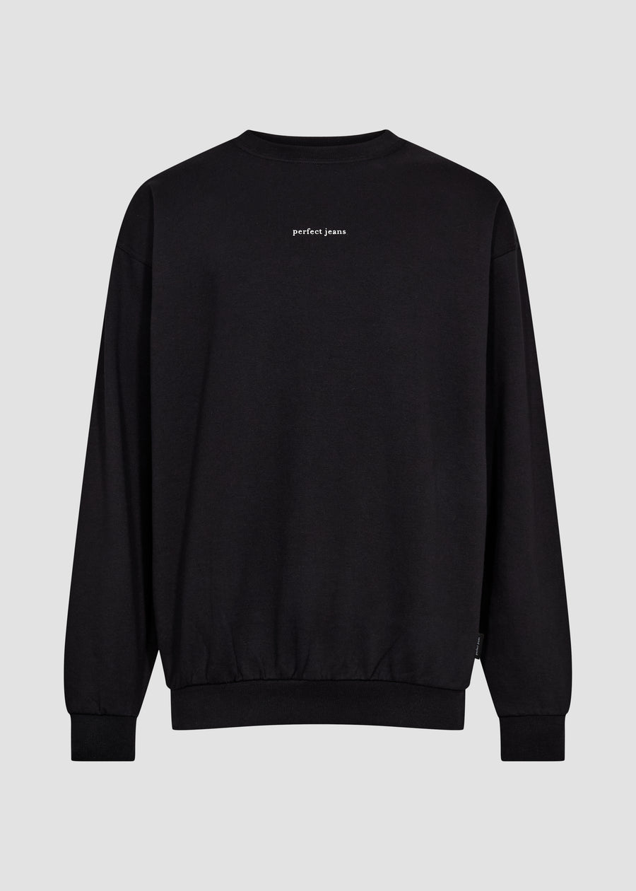 Black unisex sweatshirt by Perfect Jeans with a white logo centred on the chest, front view.